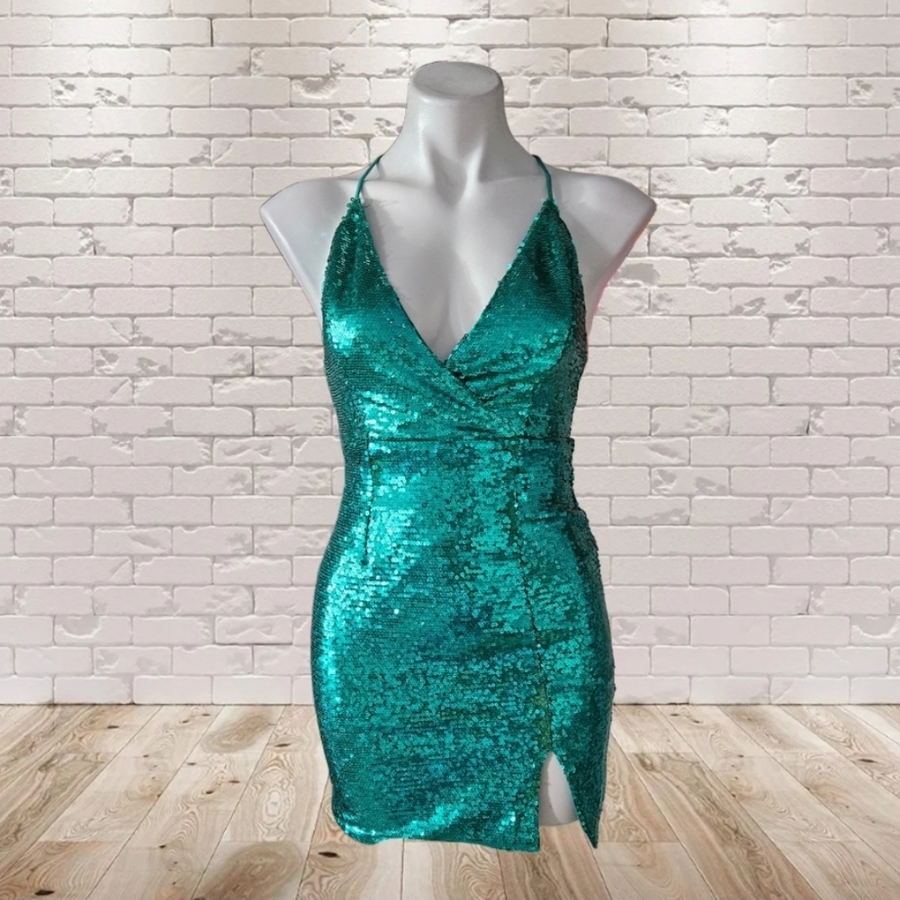 Morning Mist Teal Sequin Halter Dress Size 6( AS IS)